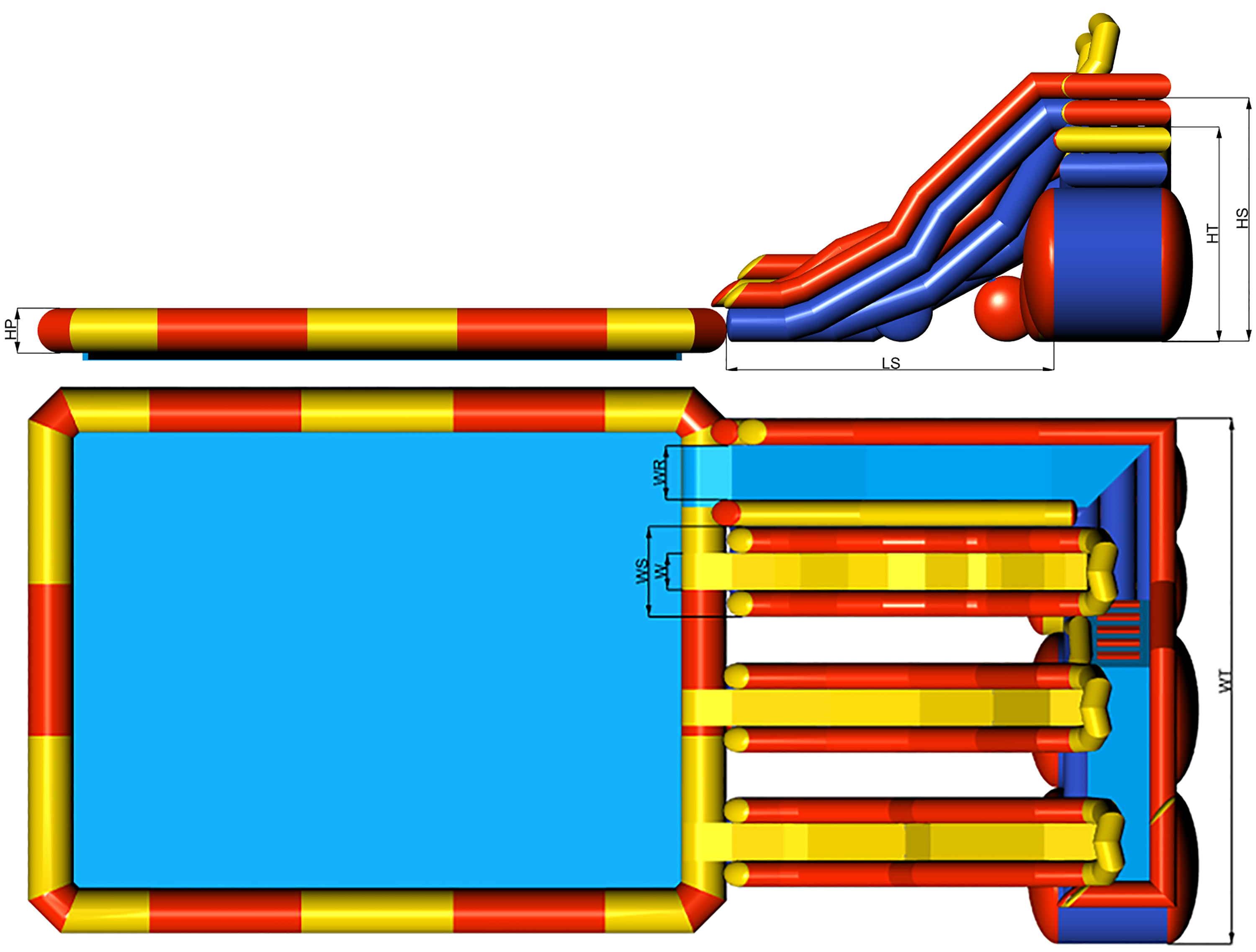 Dimensions of inflatable waterpark with inflatable ramp tower